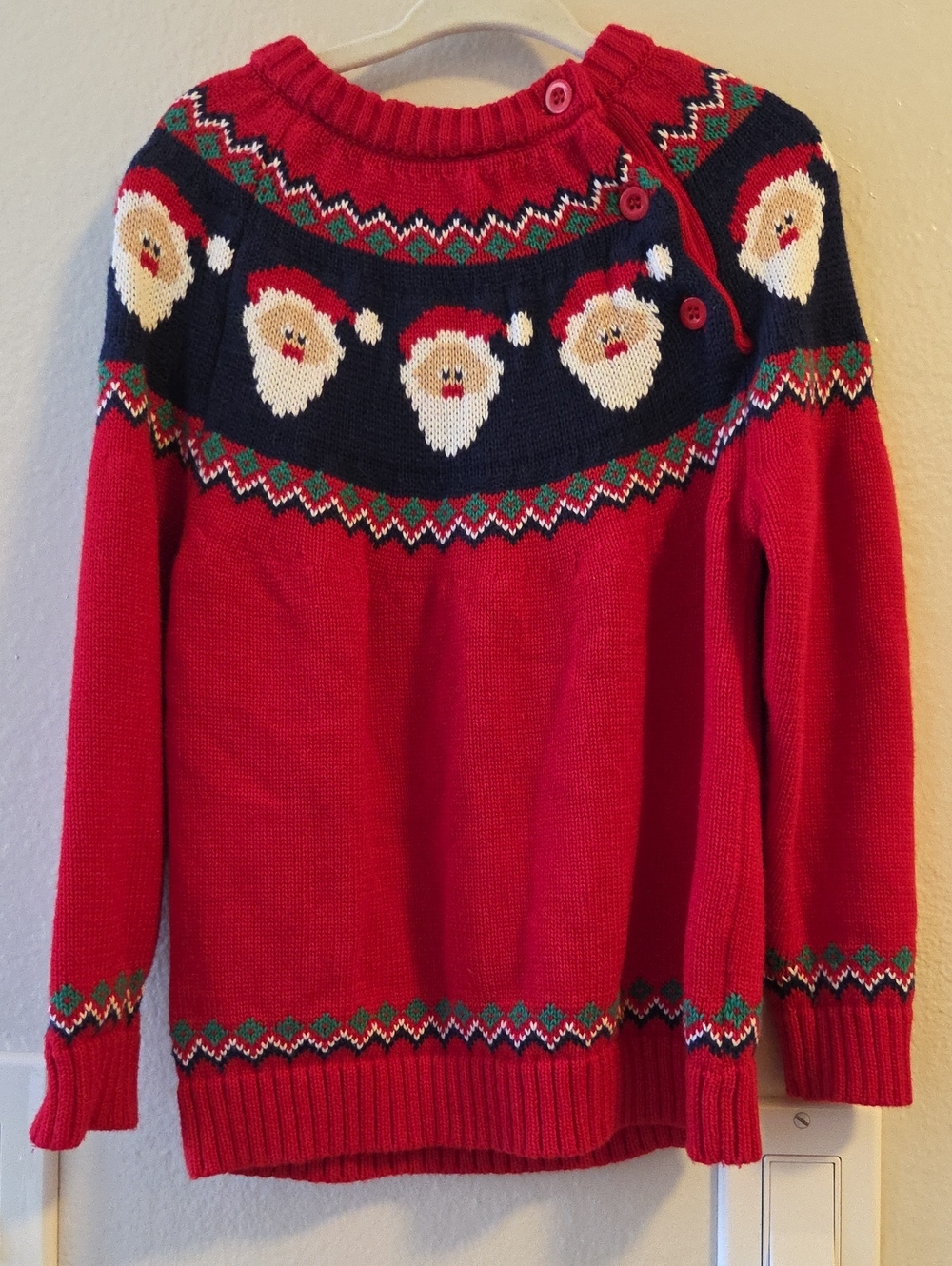 Women's Red Santa Yoke Crewneck Sweater with Button Detail